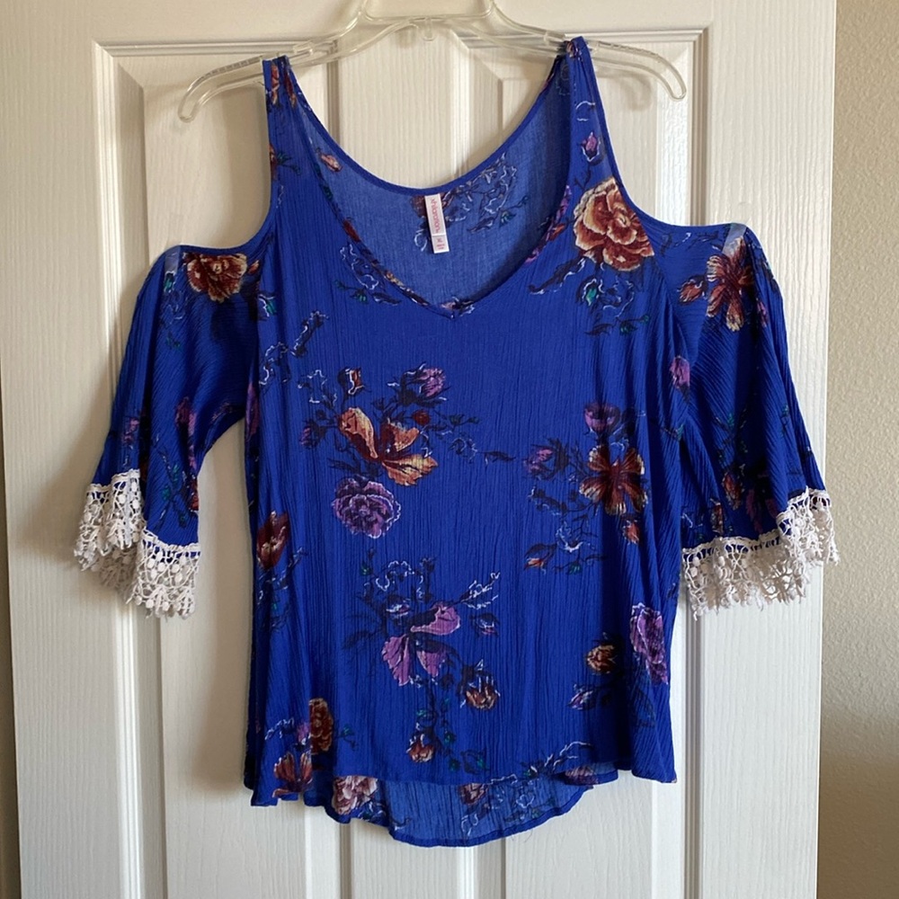 Blue floral cold shoulder blouse